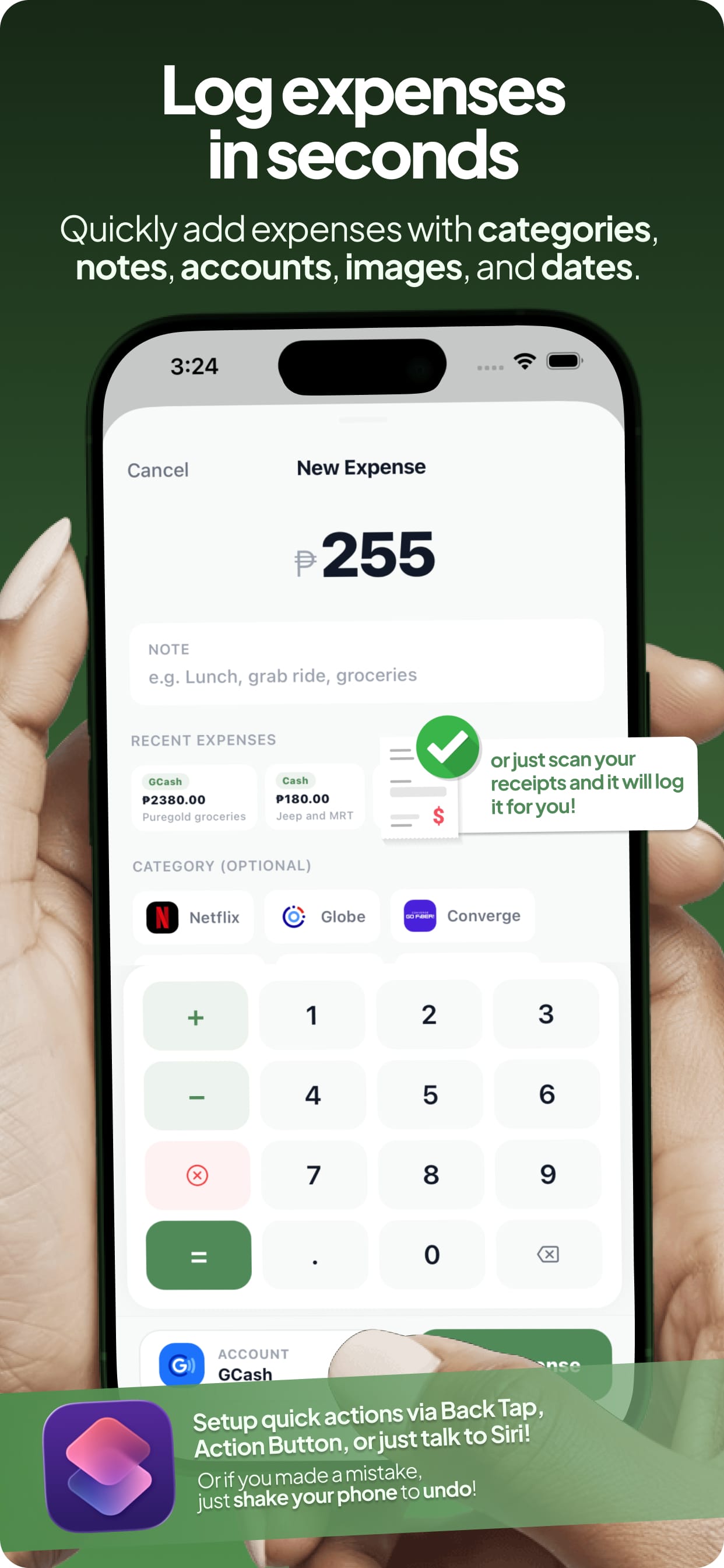 Log expenses in seconds