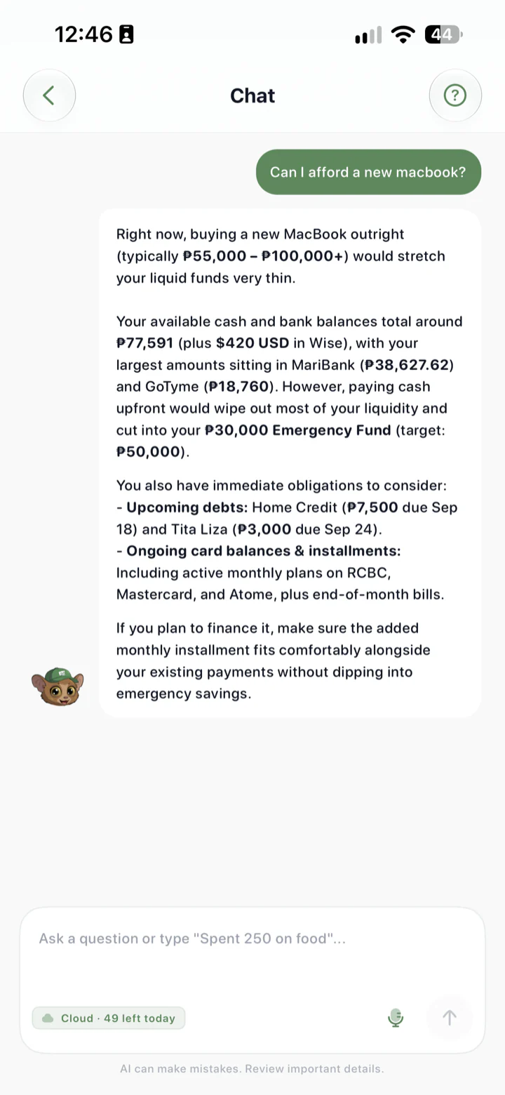 Tarsi Coach answering &ldquo;Can I afford a new MacBook?&rdquo; using the balances, debts and installments already in the app