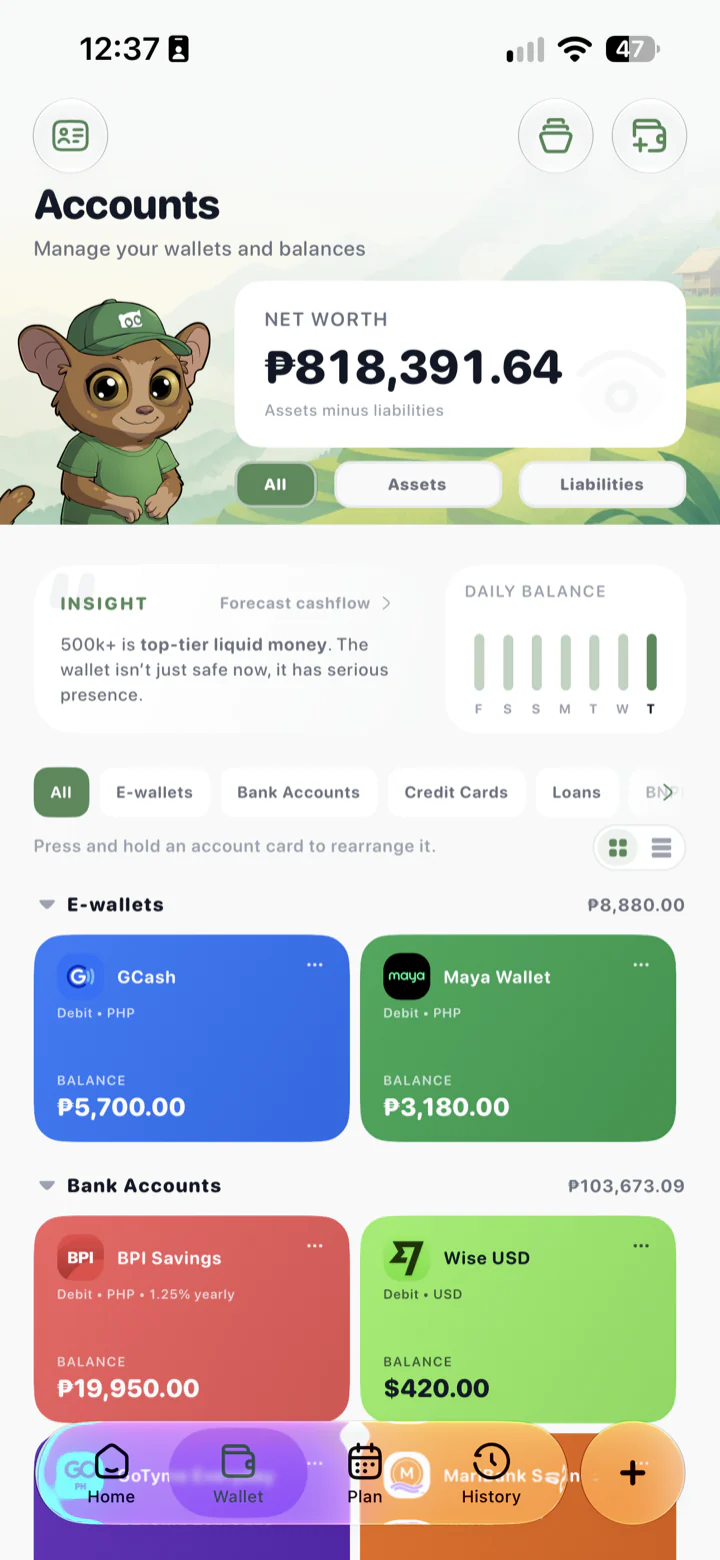 The Tarsi home screen showing net worth and every account together