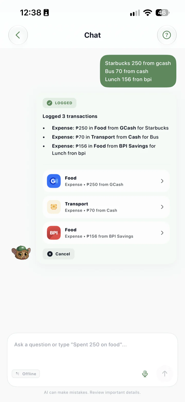 Logging several expenses at once by chatting with Tarsi