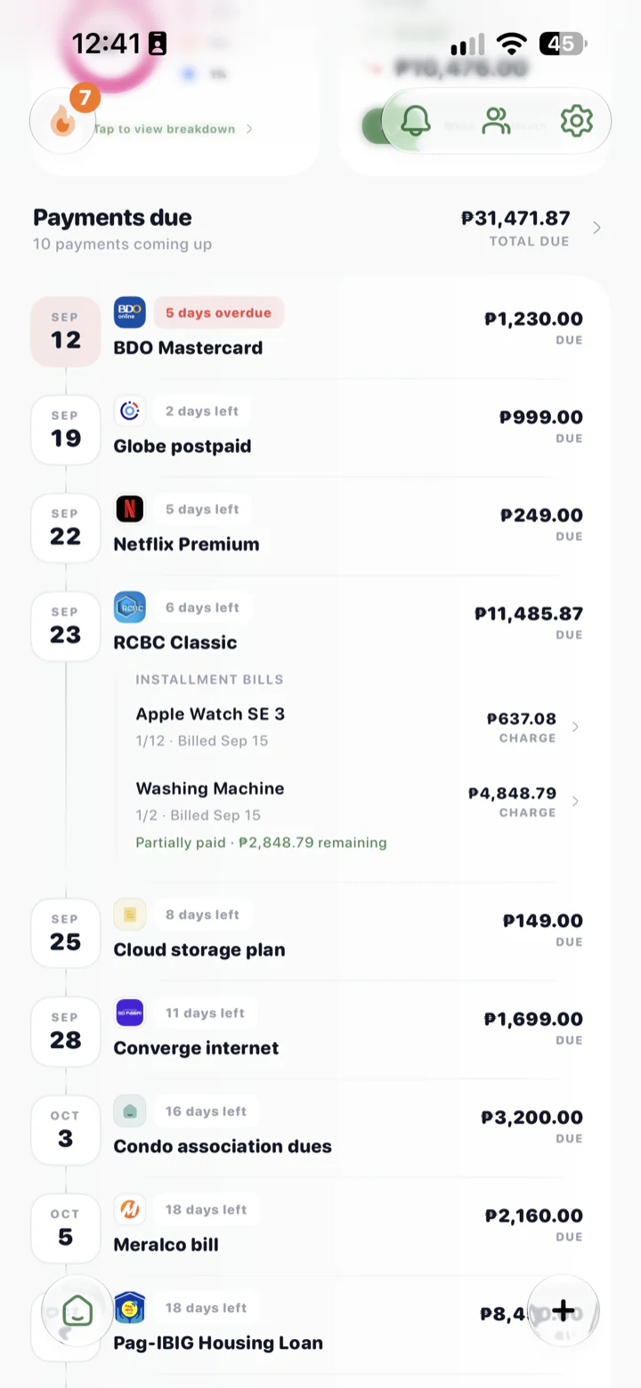 Upcoming payments listed by due date
