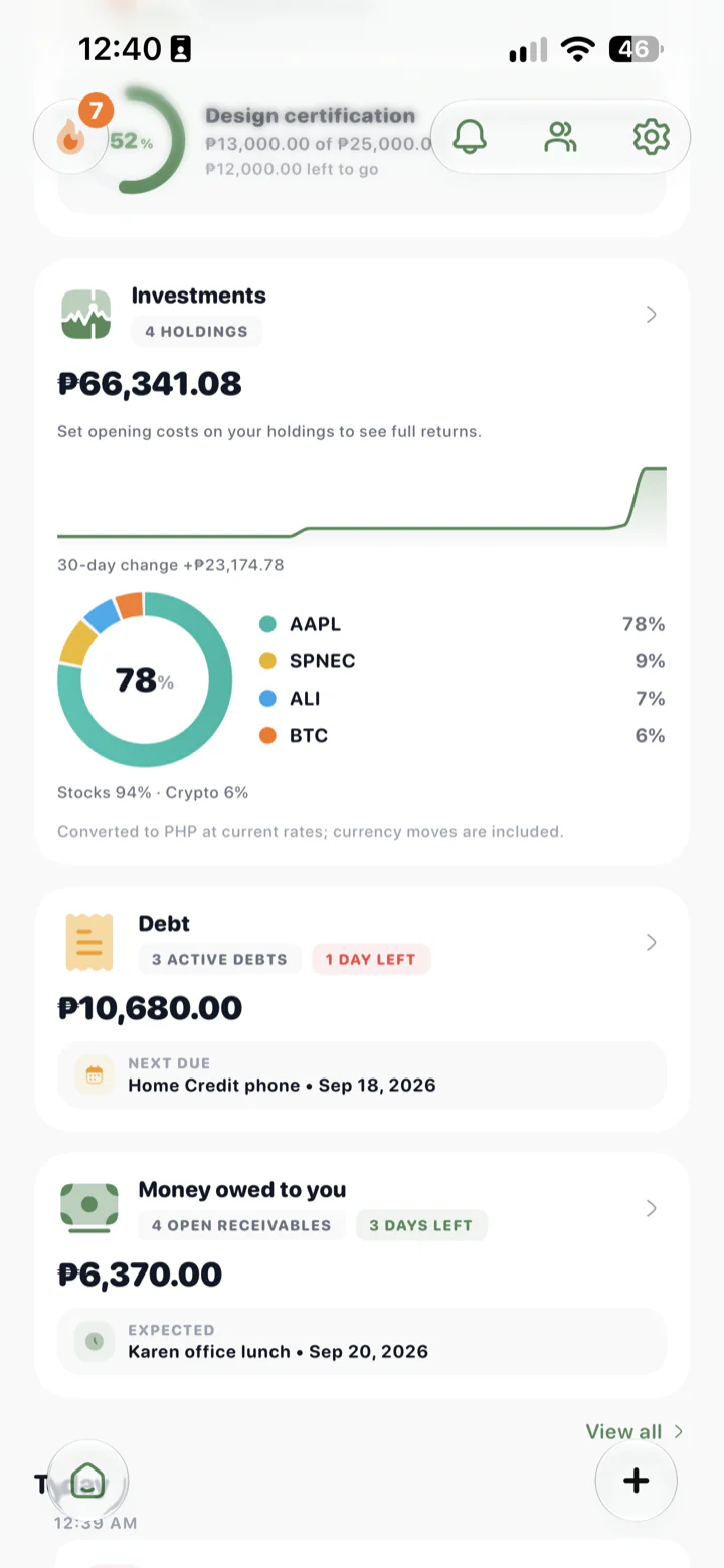 The investments card showing holdings and the split between stocks and crypto