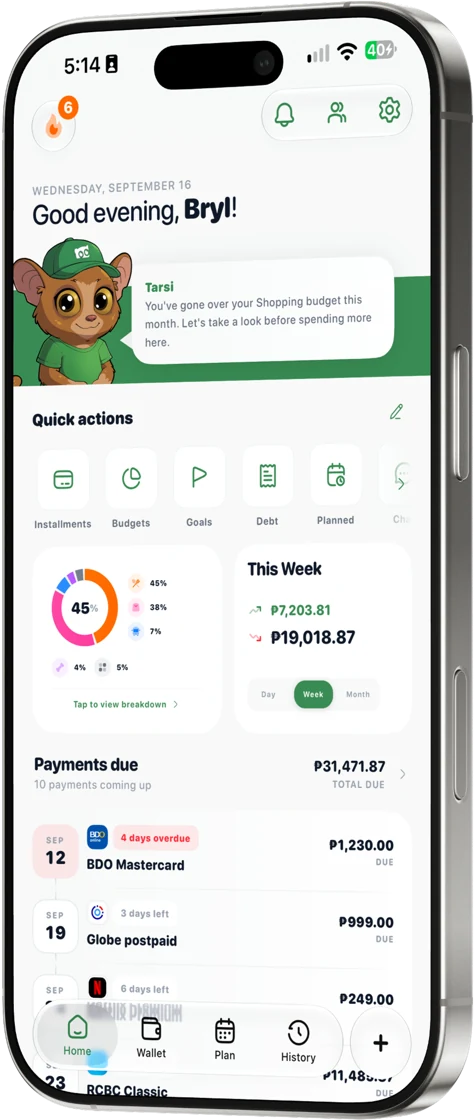 Tarsi running on an iPhone, showing the home screen with budgets and payments due